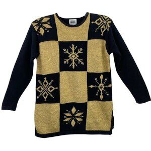 Leslie Fay Sportswear Christmas Sweater Sz S Black Gold Metallic Beads Pullover